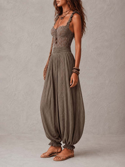 IRIS | Conjunto de bandeau de encaje gris y pantalones harem de algodón plisados