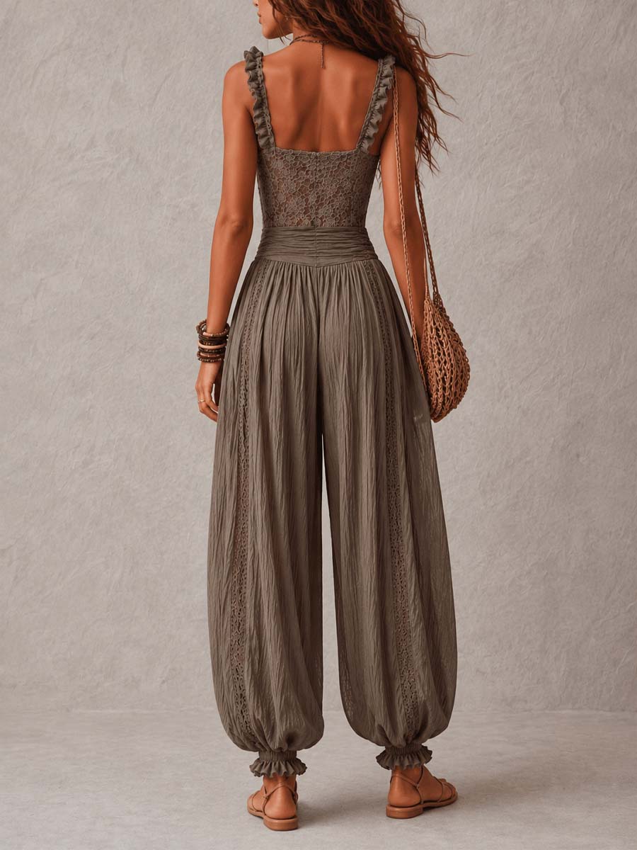 IRIS | Conjunto de bandeau de encaje gris y pantalones harem de algodón plisados