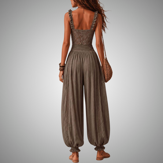 IRIS | Conjunto de bandeau de encaje gris y pantalones harem de algodón plisados