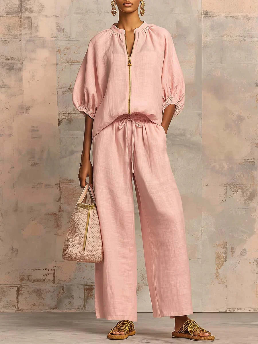 SANDRA | Camisa con Cremallera y Pantalón Ancho que No Marca