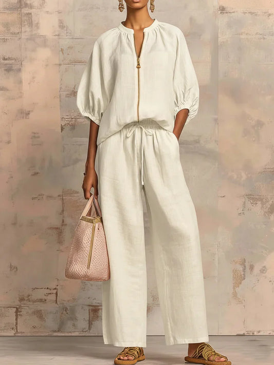 SANDRA | Camisa con Cremallera y Pantalón Ancho que No Marca