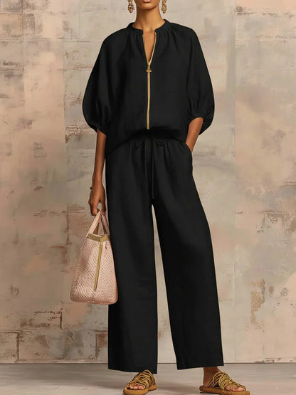SANDRA | Camisa con Cremallera y Pantalón Ancho que No Marca
