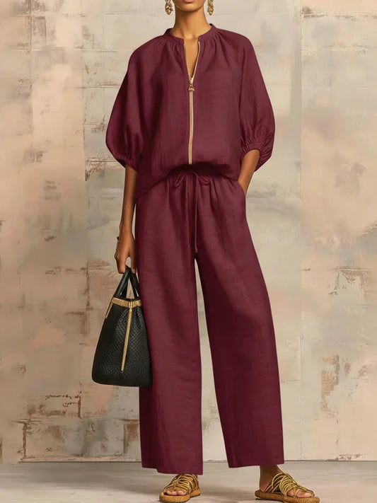 SANDRA | Camisa con Cremallera y Pantalón Ancho que No Marca
