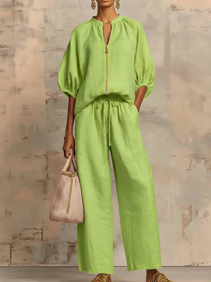 SANDRA | Camisa con Cremallera y Pantalón Ancho que No Marca