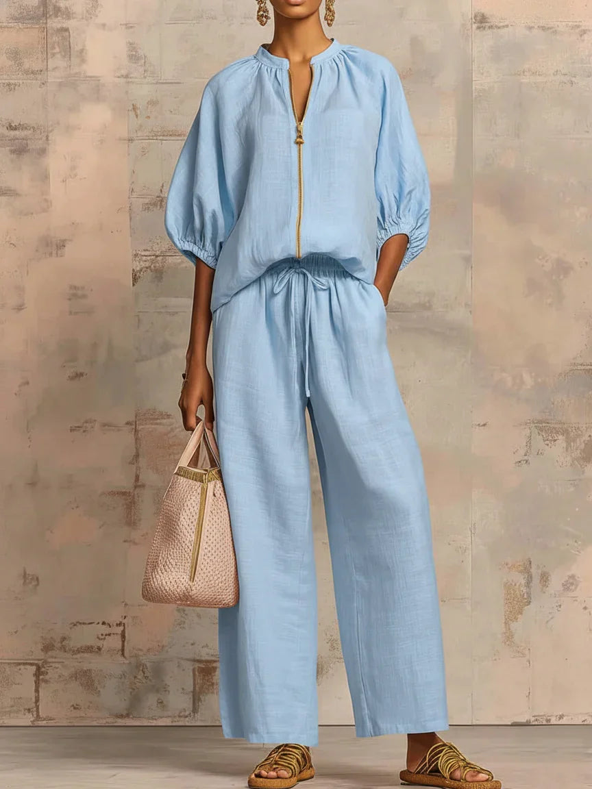 SANDRA | Camisa con Cremallera y Pantalón Ancho que No Marca