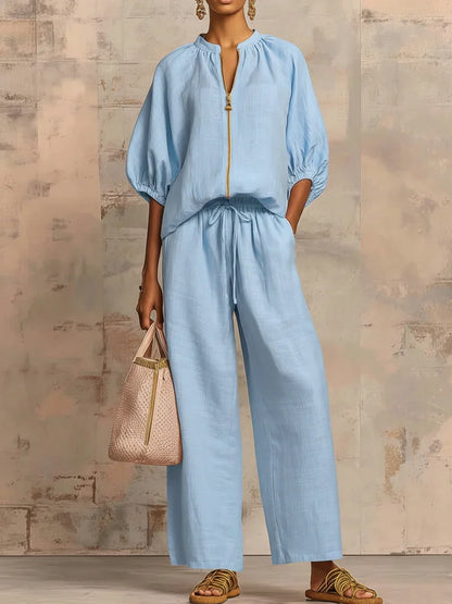 SANDRA | Camisa con Cremallera y Pantalón Ancho que No Marca